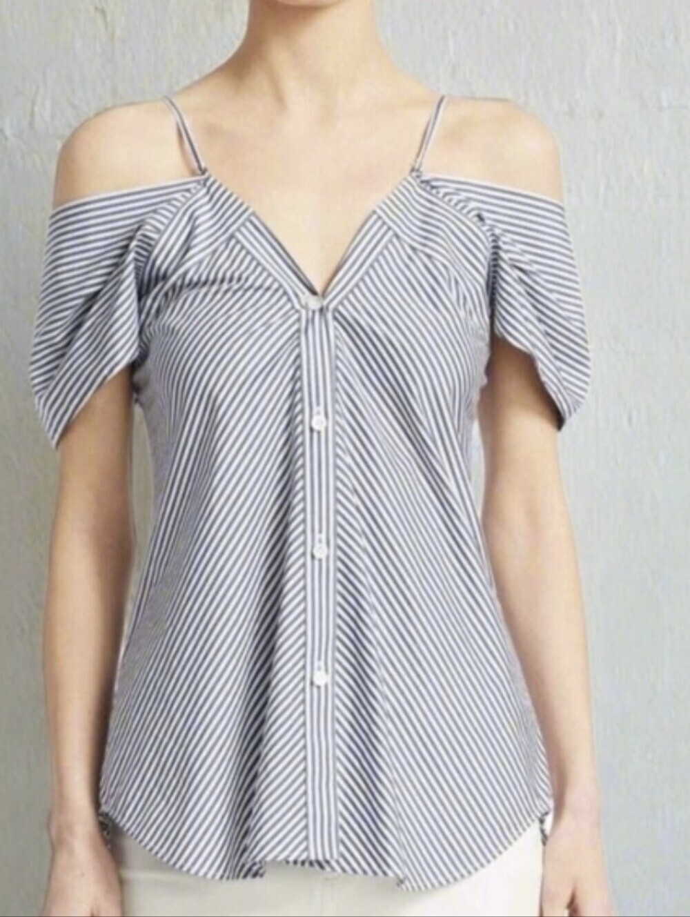 Theory Hartman Stripe Off the Shoulder Button Top Minimalist Coastal Chic L